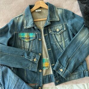 Vintage Blue Denim Jacket with Plaid Accents